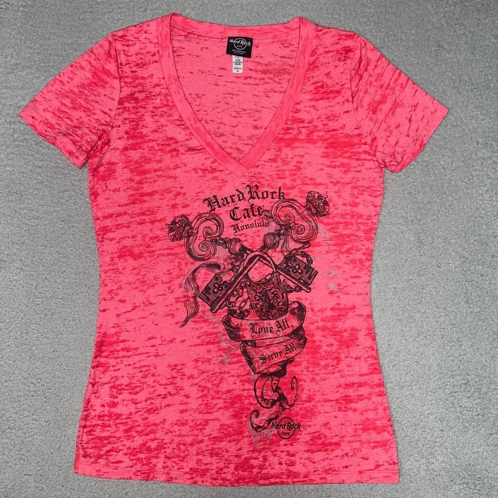 VTG Hard Rock Cafe Honolulu Shirt Women's XL Pink V Neck Love All Serve All Tops
